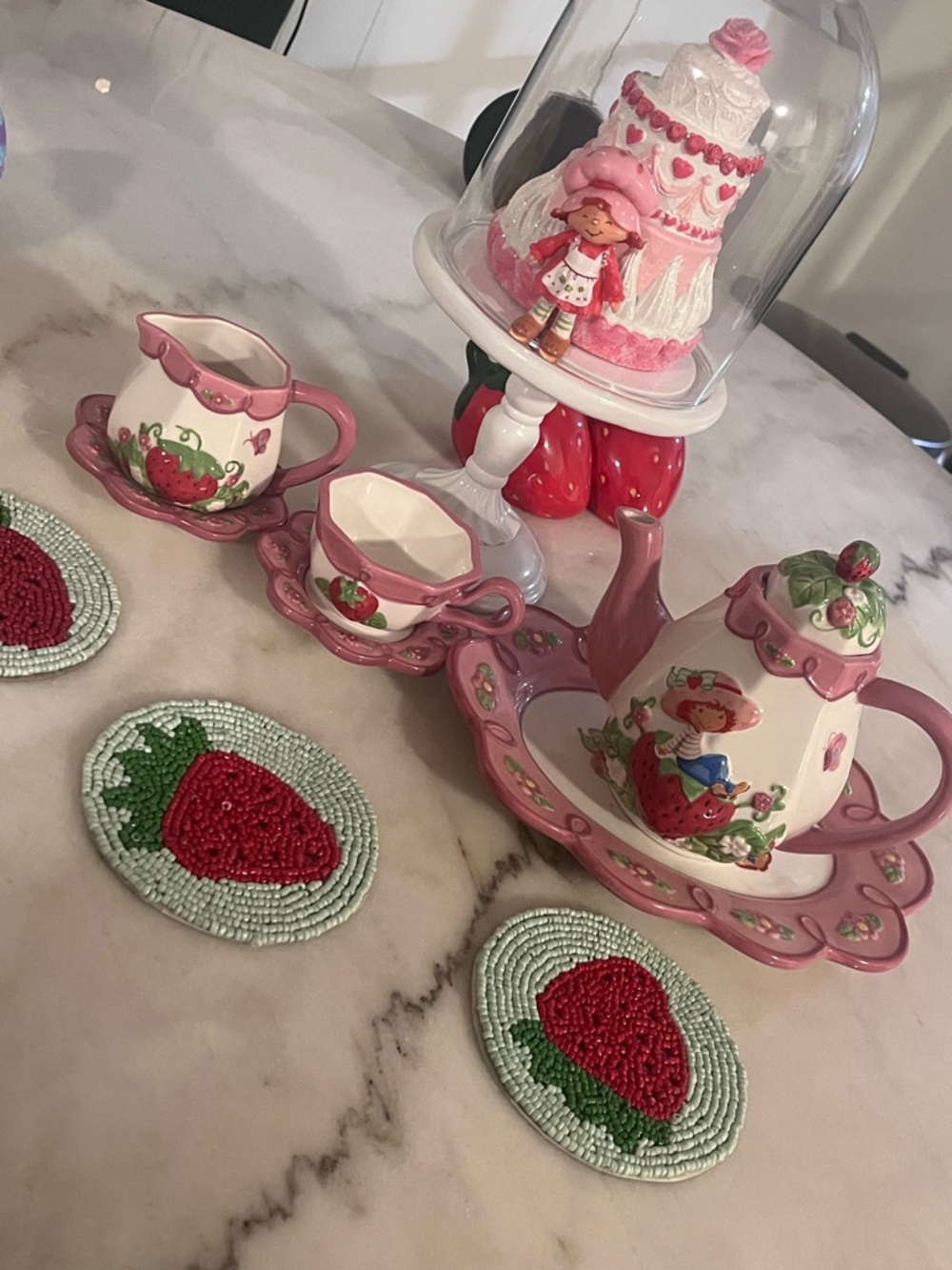 Vintage Pink and White Strawberry Tea Set